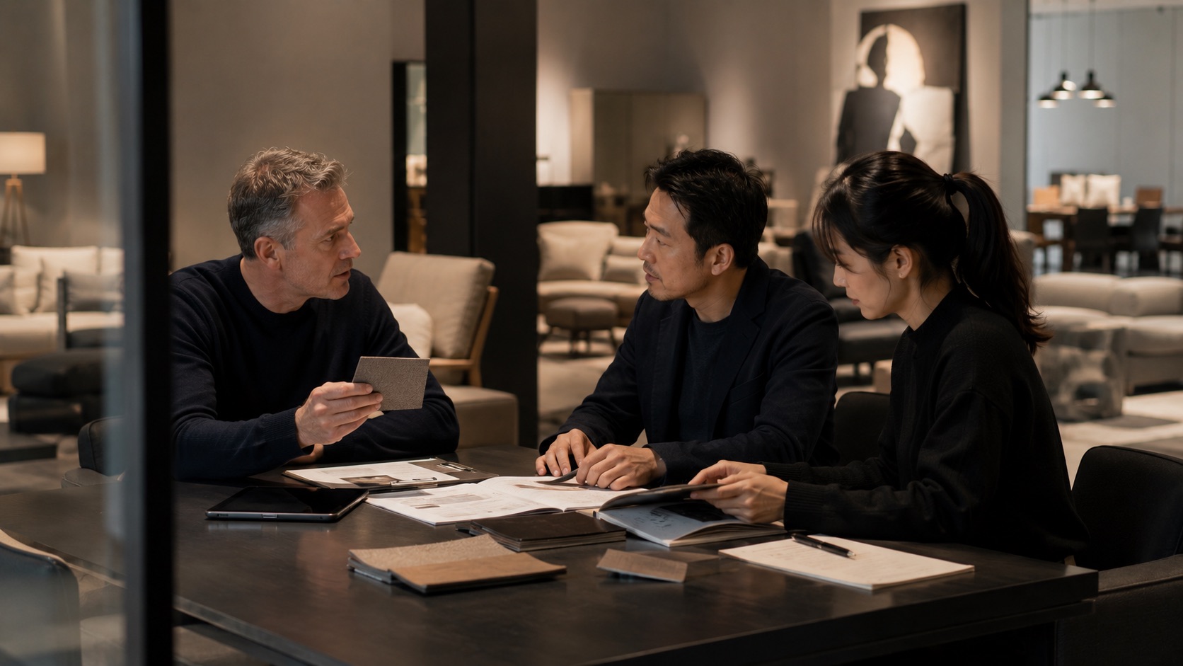 Furniture buyer reviewing materials and product information with a supplier team.