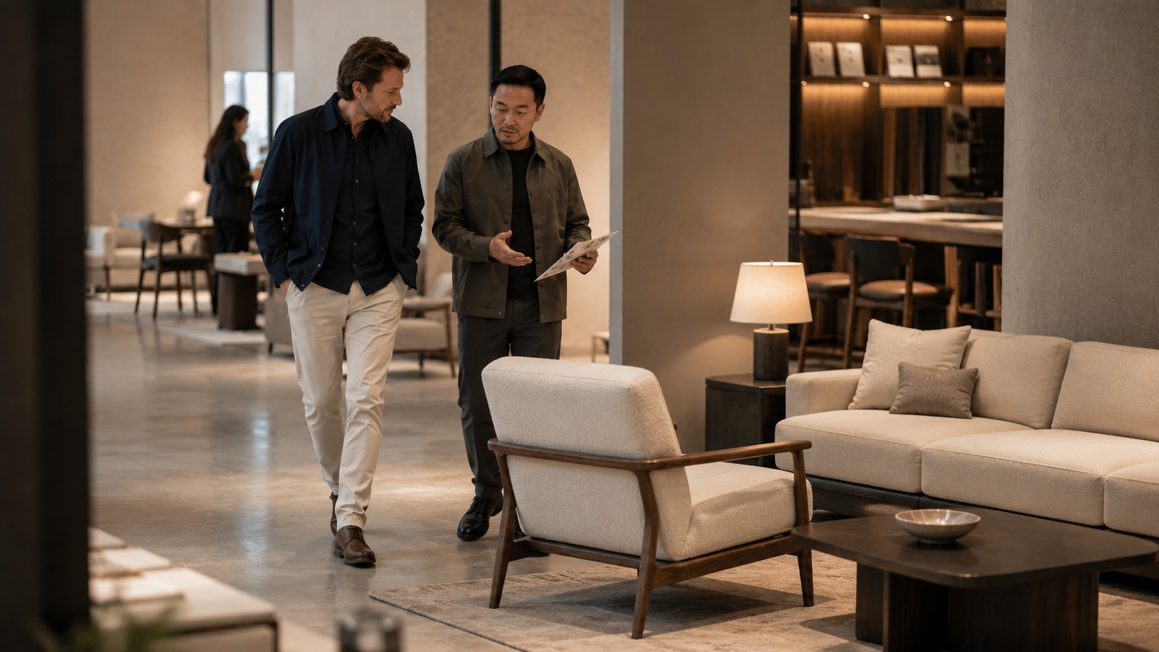 Buyer and furniture representative reviewing a coordinated product collection.